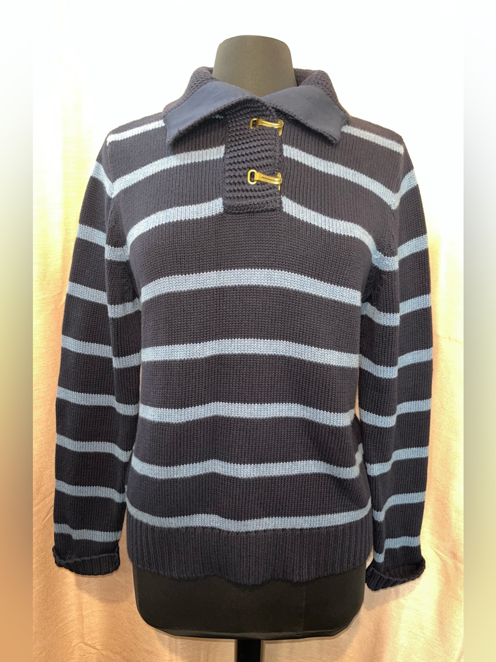 Lauren Ralph Lauren Navy and Light Blue Striped Turtleneck Sweater